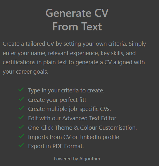 ResumeInMinutes Generate CV From Text tool with one-click theme customization and ATS-friendly PDF export