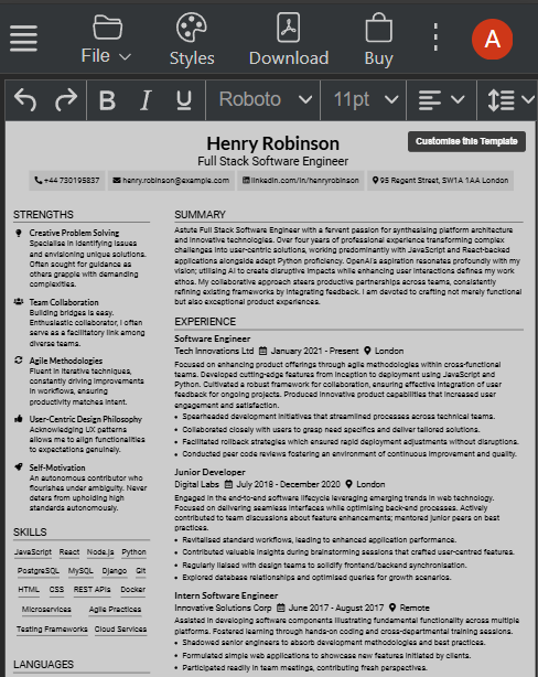 ResumeInMinutes Generate CV From Text tool with one-click theme customization and ATS-friendly PDF export