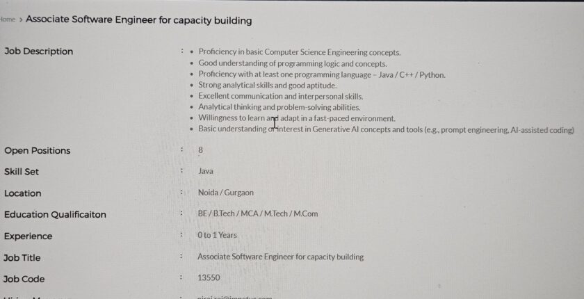 Impetus Direct referral for Associate Software Engineer 0-1 year experience