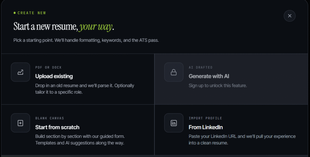 Dark-themed Careerkit resume builder interface showing four resume creation options: upload an existing PDF or DOCX resume, generate a resume with AI, start from scratch, or import profile details from LinkedIn. The interface highlights ATS-friendly resume creation and AI-powered resume building features.